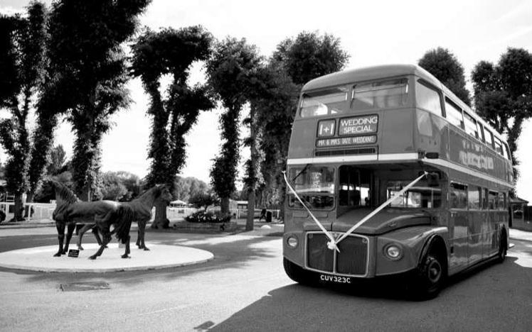 A bus with a sign saying 'Wedding Special'