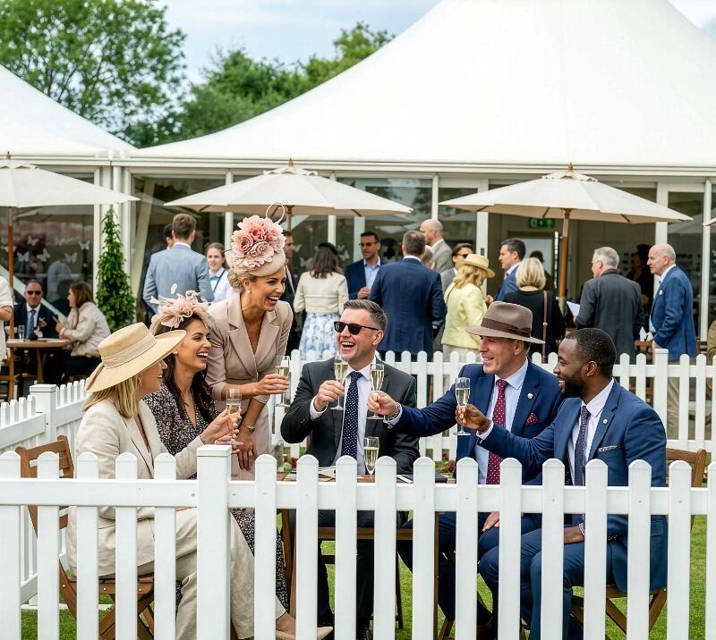 Guests enjoying drinks in hospitality of the Riverbank Marquee 