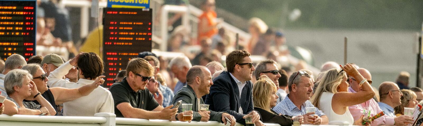 The crowd lining at the track at Windsor with the bookmakers boards behind
