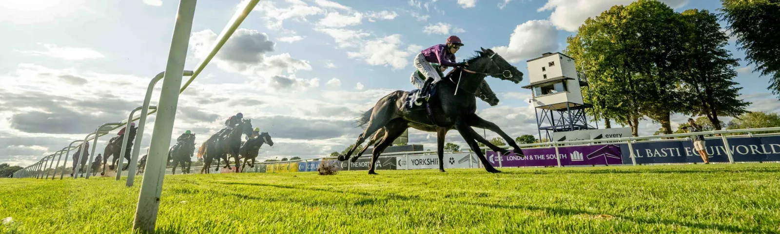 A shot from near the ground of race horses running down the track at Windsor