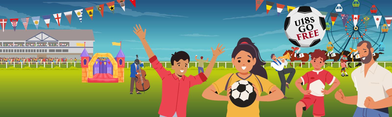 Illustrated banner of a family football fun day, with children holding soccer balls, festival activities, racing, and crowds 