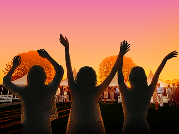 Girls with hands in the air against sunset