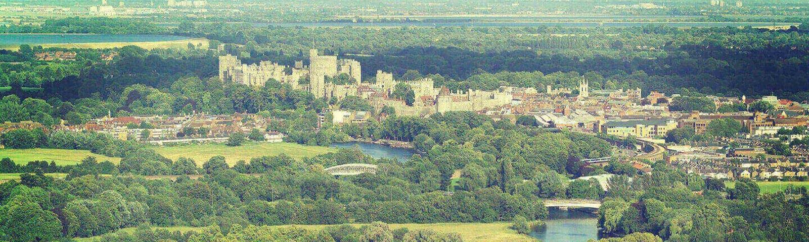 Aerial view of Windsor Castle and the surrounding area.